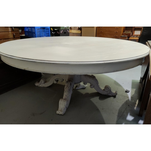 529 - A Victorian style very large dining table in light grey 'shabby chic' finish, circular top with carv... 