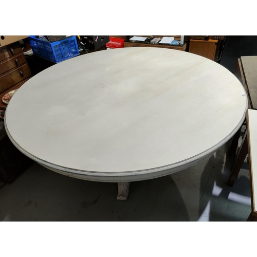 529 - A Victorian style very large dining table in light grey 'shabby chic' finish, circular top with carv... 