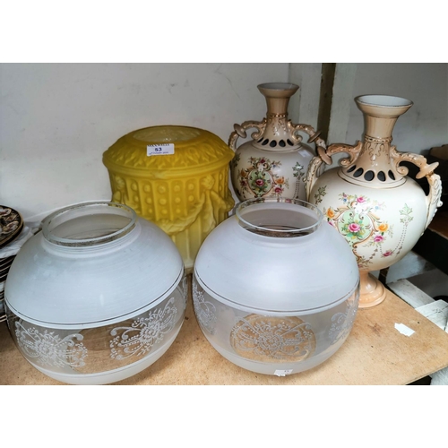 53 - A pair of Edwardian vases;  three glass light shades & a chandelier fitting.