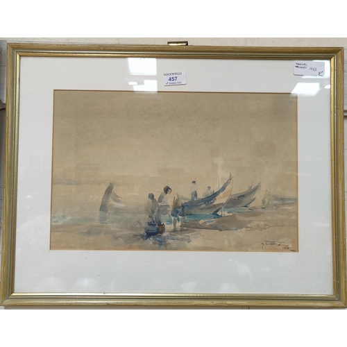 457 - Manuel Tabares:  Figures in beached fishing boats on the shore, watercolour, signed, 27 x 41 cm, fra... 