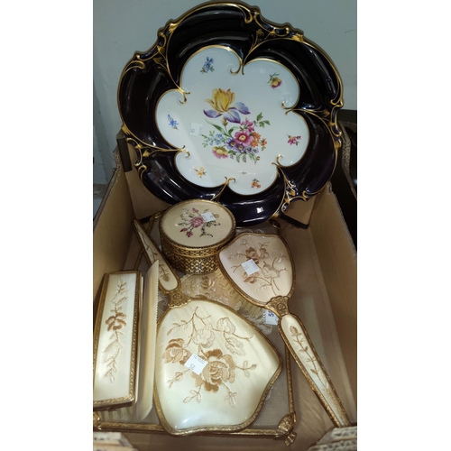 58 - A 4-piece gilt dressing table set; a Dresden style porcelain shallow dish; a mahogany fitted canteen... 