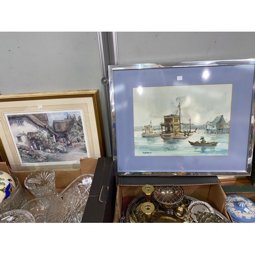 33 - Four limited edition prints; a watercolour depicting Chinese fishing  boats, all framed and glazed