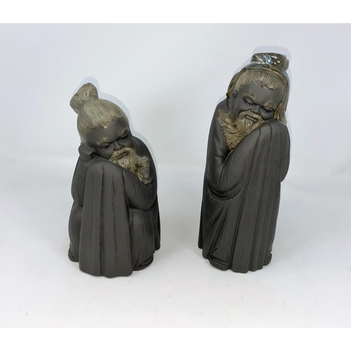 40 - 2 Lladro Society bisque figures - crouching oriental monk height 18cm, oriental monk height 21cm