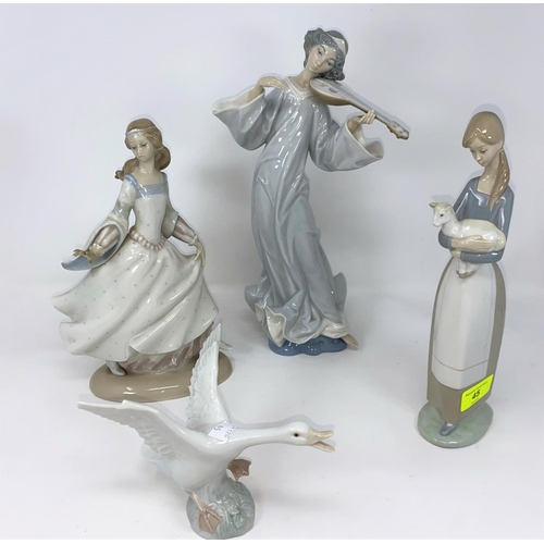 45 - Lladro figure playing Lute; Cinderella; a Goose & a girl with sheep