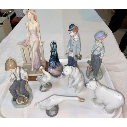 5 - A Lladro clown and 2 Lladro figures of boys; 2 Lladro polar bears; 2 geese and a Royal Doulton glass... 