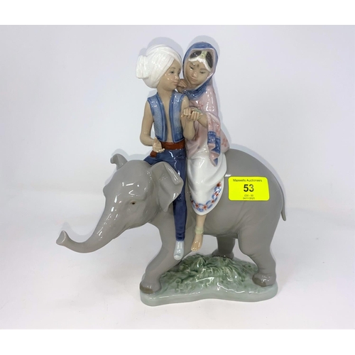 53 - Lladro group of young couple riding elephant height 24cm