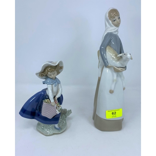 62 - 2 Lladro figures - girl with flowers; girl with lamb 31 & 27cm