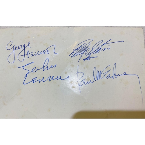 518 - THE BEATLES - Parlophone Records publicity card bears autographs of the 4 Beatles in blue Biro to th... 