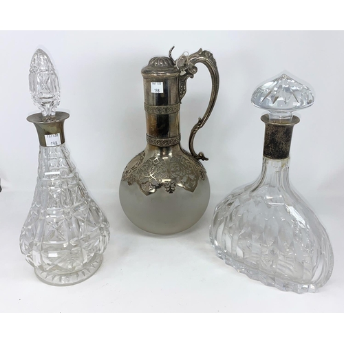198 - A Victorian frosted glass claret jug of globular form with slender neck and silver plated pierced em... 