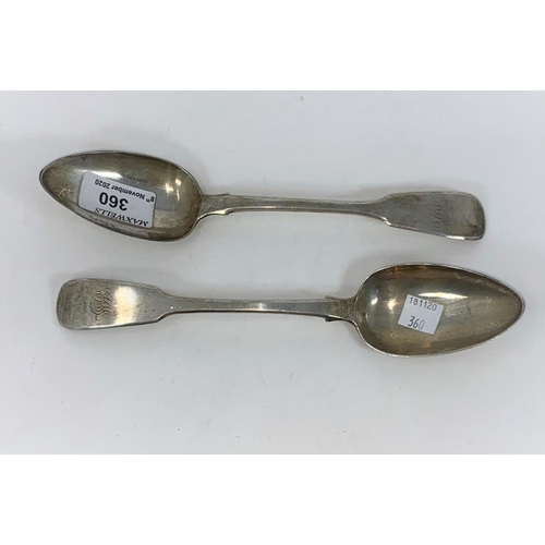 360 - A Georgian pair of hallmarked silver tablespoons, fiddle pattern, London 1823, monogrammed, 5 oz