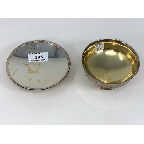 385 - A hallmarked silver small modernist pedestal bowl, Birmingham 1970; a similar shallow dish, Sheffiel... 