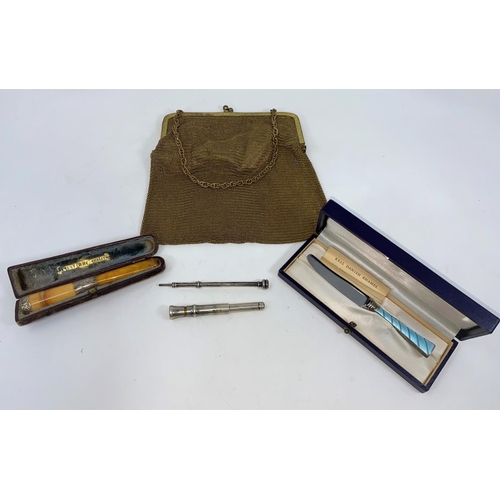 389 - A meerschaum cigar holder with silver mounts; a silver cigar piercer; a silver propelling pencil; a ... 
