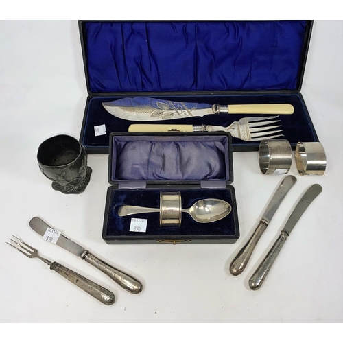 390 - A hallmarked silver christening spoon and napkin ring; 2  silver napkin rings; a set of silver plate... 
