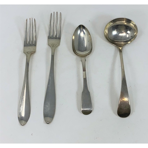 393 - A hallmarked silver sauce ladle, Sheffield 1896; a dessert spoon, London 1819; 2 forks with French m... 