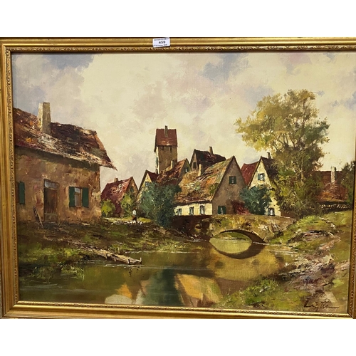 459 - Kraimer:  Rural river landscape with bridge and buildings, oil on canvas, signed indistinctly, 60 x ... 
