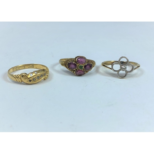 415 - Two 18 carat gem set dress rings, 4.1gm; a 9 carat gem set dress ring, 1.3 gm