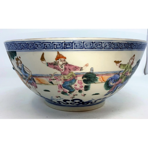 294 - A large Chinese bowl decorated with figures and animals, a 6 character mark to base, diameter 27cm