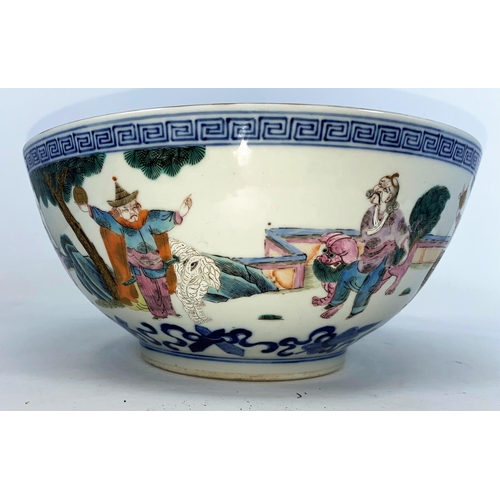 294 - A large Chinese bowl decorated with figures and animals, a 6 character mark to base, diameter 27cm