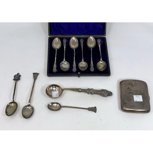 316 - A set of 6 hallmarked silver teaspoons, boxed, Birmingham 1899; a hallmarked silver cigarette case, ... 