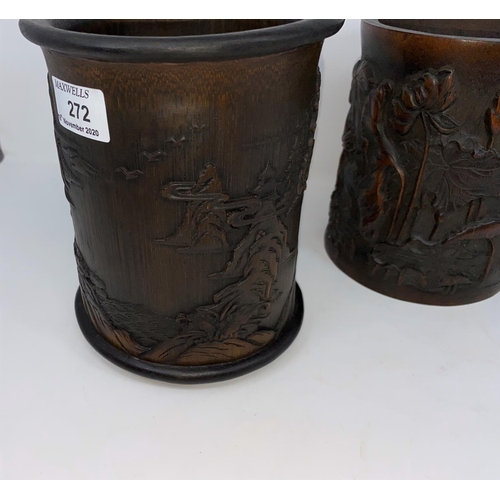 272 - Two carved Chinese bamboo brush pots with traditional scenes, height 16.5cm and 18cm; 2 Chinese carv... 