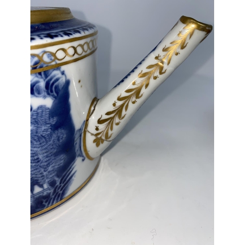 277 - Two blue and white Chinese export tea pots and similar lidded bowl decorated with gilt highlights (1... 