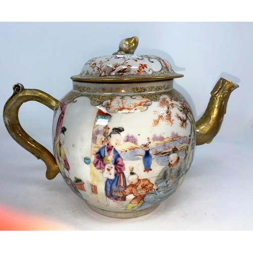 290a - A Chinese tea pot decorated with various traditional scenes with highlights of gilt decoration (hair... 