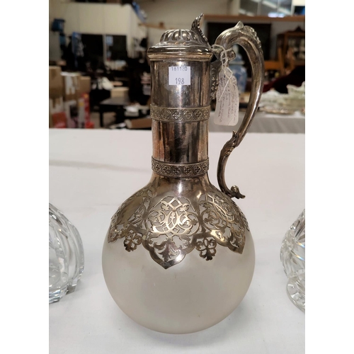 198 - A Victorian frosted glass claret jug of globular form with slender neck and silver plated pierced em... 