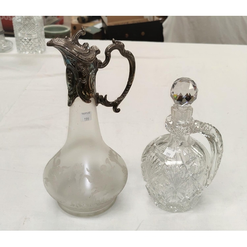199 - A Victorian frosted glass decanter of swelling form with silver plated embossed lid, collar and hand... 