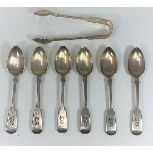 406 - A set of monogrammed fiddle patterned hallmarked silver teaspoons and tongs, Exeter 1860 S 164g-5.4o... 