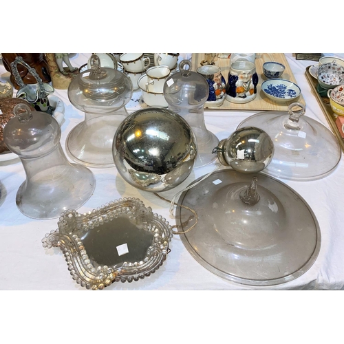 248 - Three Victorian ceiling protectors in bell shaped glass; 2 similar items 2 silvered balls; an easel ... 