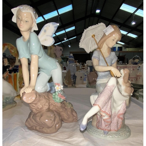 258 - Two Lladro figures:  elf on rock & girl with parasol