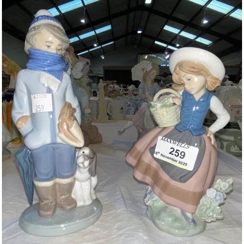 259 - Two Lladro figures:  boy with dog  girl with basket