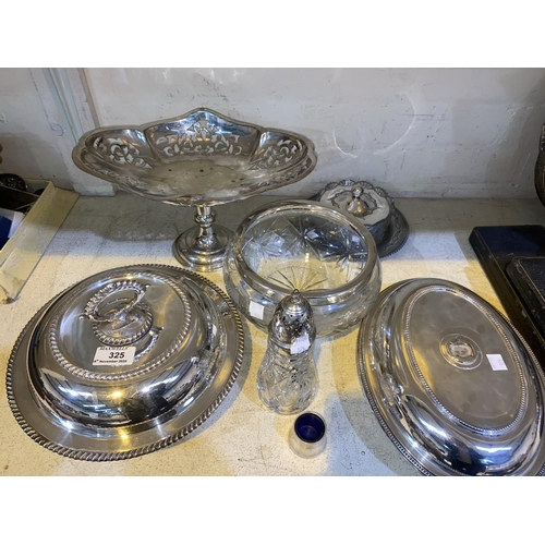 325 - A silver plated covered entree dish of circular gadrooned form; a similar oval dish (no handle); sil... 