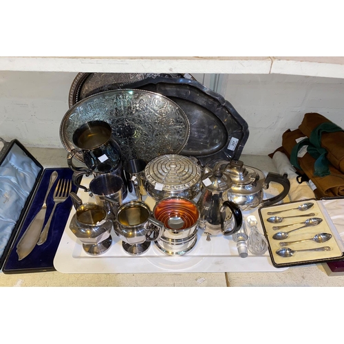 327 - A selection of silver plate; 2 19th century pewter quart mugs; stainless steel
