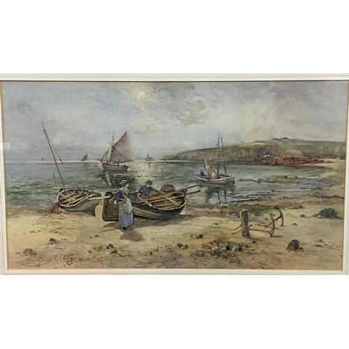 443 - Hughes Clayton. Unloading Fishing Boats, Anglesey. Watercolour signed, 32 x 59cm, framed and glazed.