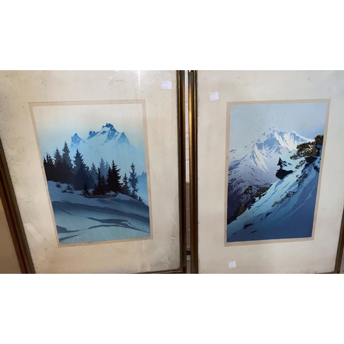 453 - Oscar Droege:  woodcuts painted in colours, Alpine scenes, both prints signed in pencil, 36 x 24 cm,... 