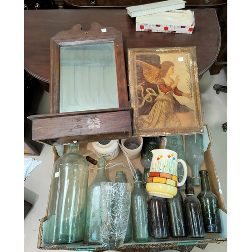 72 - A hall mirror with glove box; various old bottles; Hillstonia jugs; etc.