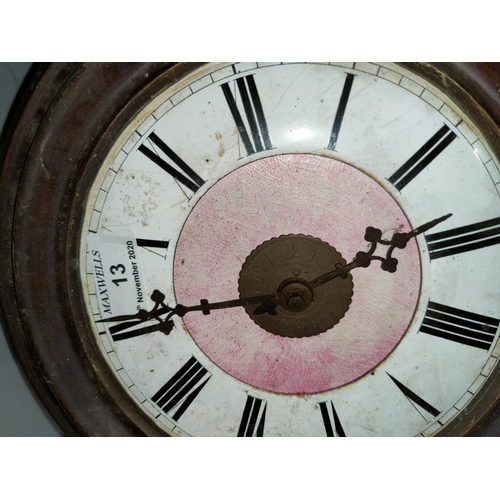 13 - A 19th century 'Postman's Alarm' wall clock (no weight); a mantel clock