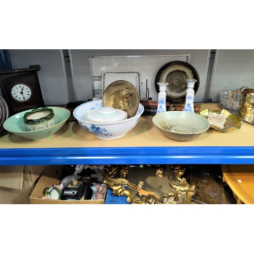 14 - Three studio pottery bowls; a Victorian wash bowl; collectors items; a 'headsman's axe'; a gilt fram... 
