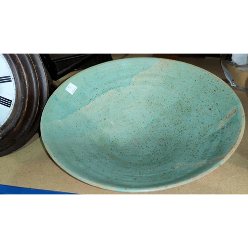 14 - Three studio pottery bowls; a Victorian wash bowl; collectors items; a 'headsman's axe'; a gilt fram... 