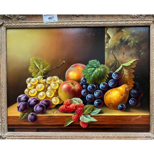 467 - J F Smith:  Still life of fruit, oil on board, signed, framed