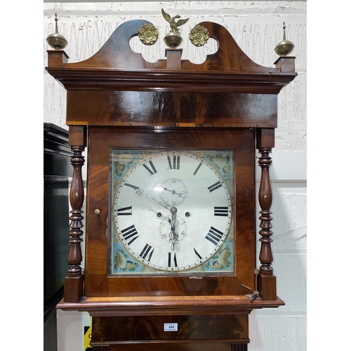 494 - A 19th century crossbanded oak and mahogany longcase clock with brass finials, swan neck pedestal an... 