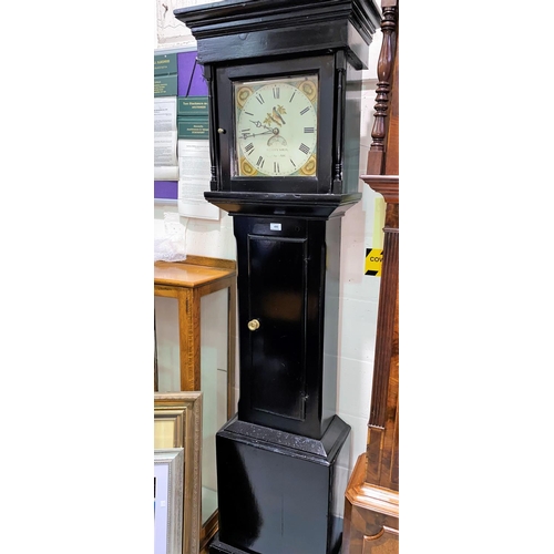 495 - An early 19th century longcase clock in ebonised case with square top hood, square painted dial and ... 