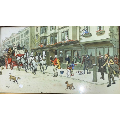 452 - Cecil Aldin:  coaching scene, colour lithograph, 36 x 97 cm; a similar print also after Aldin, oak f... 