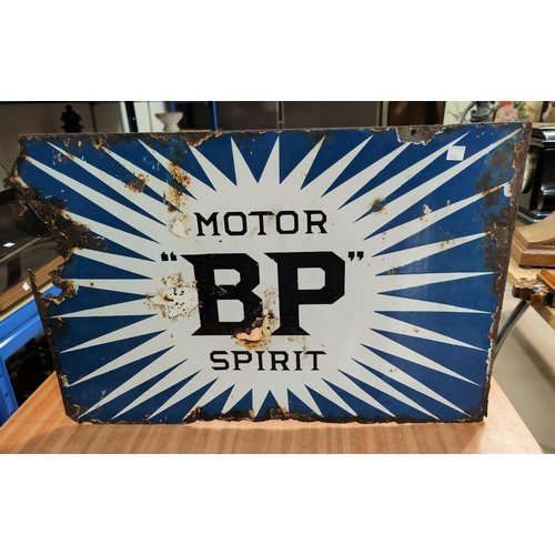 156 - A 1920's enamel Motor BP spirit sign on white and blue background, 41cm x 61cm, double sided, rusted... 