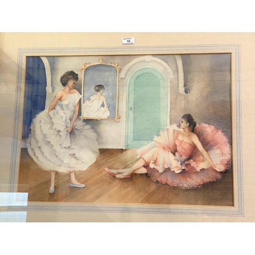 10 - A watercolour:  2 ballet dancers; an oil:  landscape scene; another picture