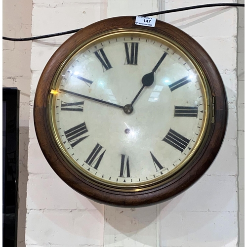 147 - A 19th century wall clock in mahogany case with circular dial and timepiece movement, diameter 41 cm... 