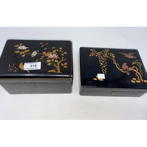 319 - Two oriental lacquer jewellery boxes with a selection of vintage jewellery