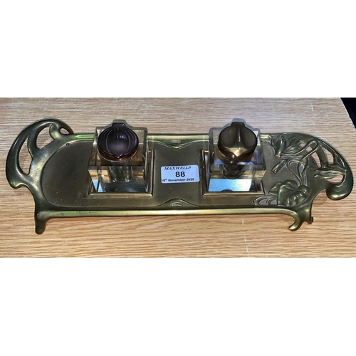 88 - An Art Nouveau brass 2 bottle inkstand