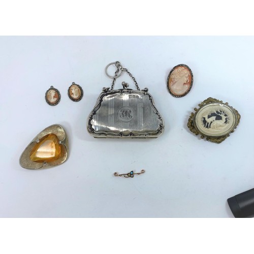 398 - A hallmarked silver evening purse; a cameo brooch and earrings; etc.